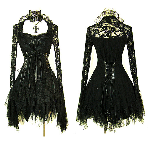 Gothic Lace-Up Short Cosplay Dress in Black Cotton [CK992]