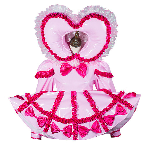 fondcosplay Lockable Pink Heart Hood Frilly Sissy Romper – Shiny Thin PVC One-Piece Costume [G3791]