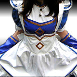 Lockable Royal Blue and White Thin PVC Sissy Maid Dress with Apron and Long Train – Handmade Glossy Crossdressing Costume [CK939]
