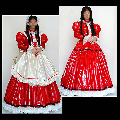 Lockable Red and white Thin PVC Sissy Maid Long Dress with Apron and Lace – Glossy Handmade Crossdressing Lolita Costume [CK948]