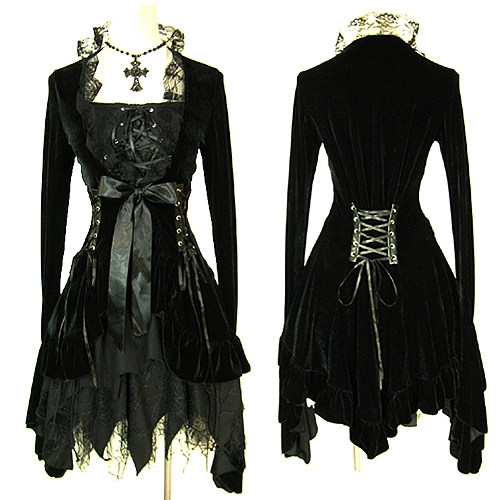 Gothic Velvet Cosplay Dress in Black with Corset Lacing [CK1226]