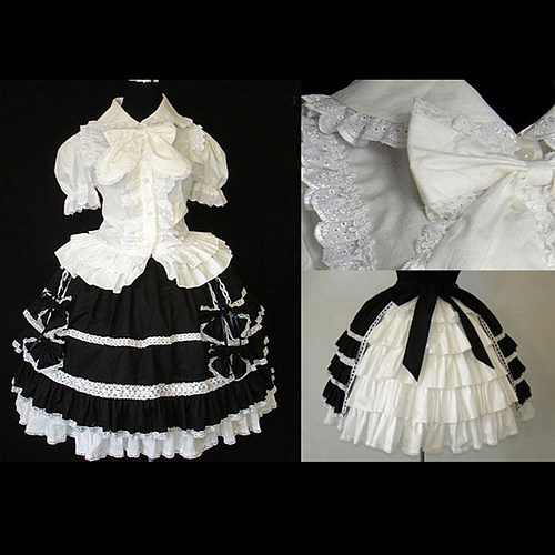 Gothic Lolita Black/White Cotton Top and Skirt Set with Bows [CK1205]