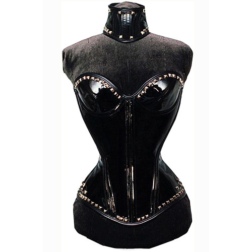 Black Heavy PVC Sissy Maid Corset Top with Studded Trim [CK1183]