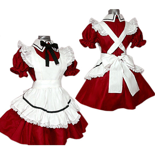 Red and White Cotton Lockable Sissy Maid Dress with Frilly Apron [CK1232]
