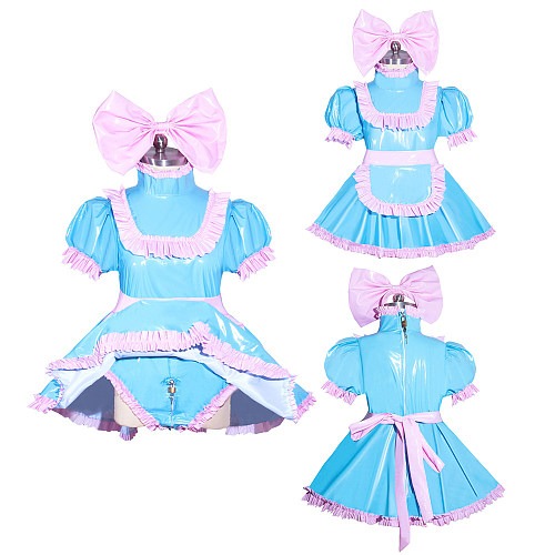 Fondcosplay Lockable Sissy Maid Blue Pink Thin PVC Dress with Integrated Panty [G3967]