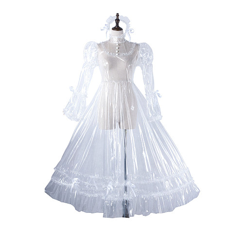 fondcosplay Clear PVC Lockable Long Transparent Sissy Gown with Frills and headpiece [G2210]
