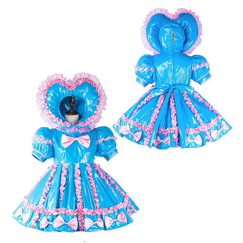 fondcosplay Blue and Pink Thin PVC Lockable Sissy Baby Maid Dress with Hood Heart Bonnet [G2285]