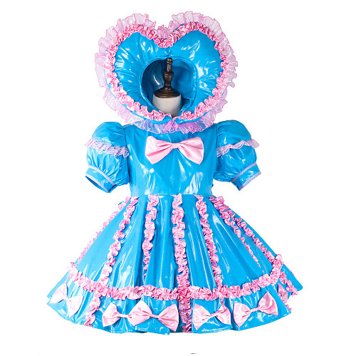 fondcosplay Blue and Pink Thin PVC Lockable Sissy Baby Maid Dress with Hood Heart Bonnet [G2285]