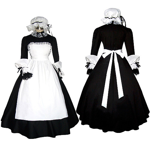 Black and White Cotton Lockable Victorian Sissy Maid Dress with Apron and Bonnet [G299]
