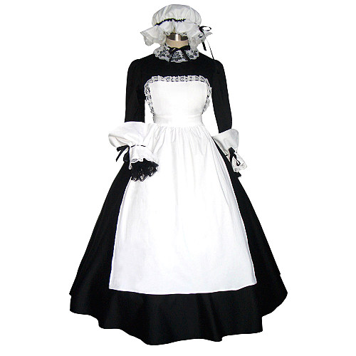 Black and White Cotton Lockable Victorian Sissy Maid Dress with Apron and Bonnet [G299]