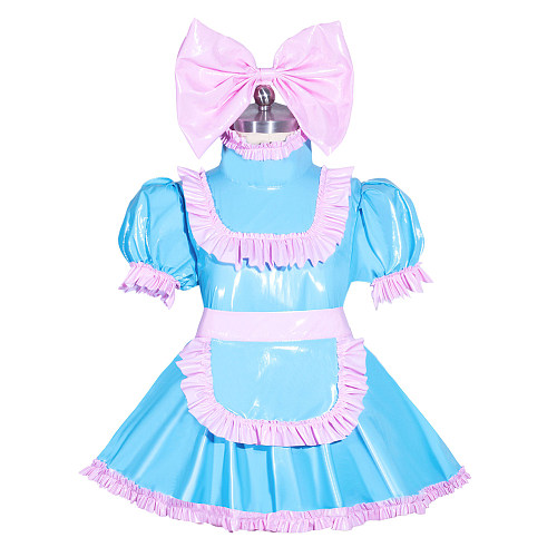 Fondcosplay Lockable Sissy Maid Blue Pink Thin PVC Dress with Integrated Panty [G3967]