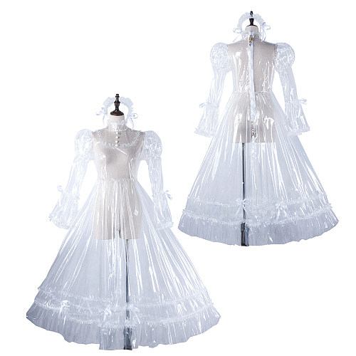 fondcosplay Clear PVC Lockable Long Transparent Sissy Gown with Frills and headpiece [G2210]