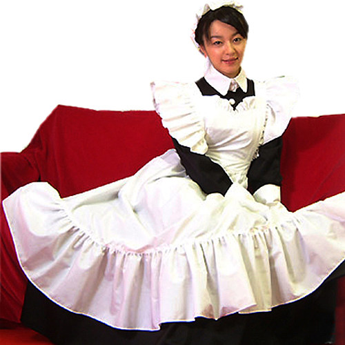 Long Black and White Cotton Lockable Sissy Maid Dress with Frilled Apron [CK1238]