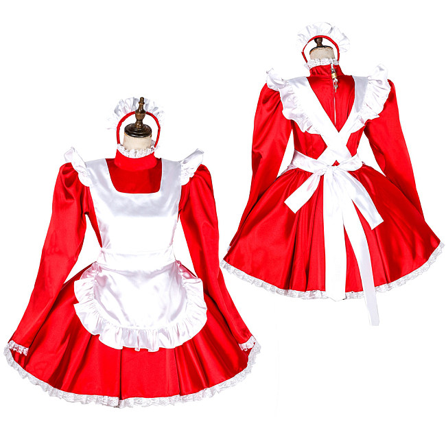 Red Satin Lockable Sissy Maid Dress with White Apron and Headpiece [G1793]