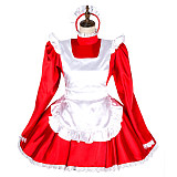Red Satin Lockable Sissy Maid Dress with White Apron and Headpiece [G1793]