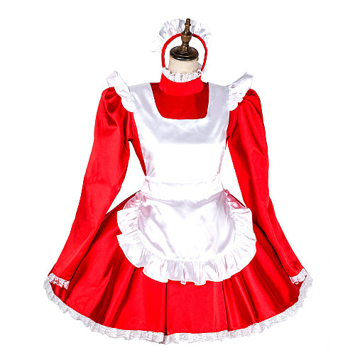 Red Satin Lockable Sissy Maid Dress with White Apron and Headpiece [G1793]