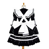 Black and White Thin PVC Lockable Sissy Maid Dress with Frilly Apron and Large Bow [G616]