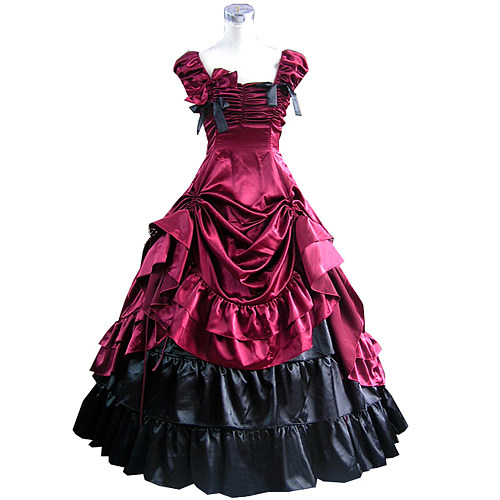 Rococo Gothic Wine Red & Black Satin Corset Top and Skirt Set – Court Cosplay Dress [CK1376]