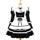 Black and White Thin PVC Lockable Sissy Maid Dress with Frilly Apron and Large Bow [G616]