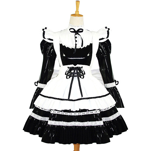 Black and White Thin PVC Lockable Sissy Maid Dress with Frilly Apron and Large Bow [G616]