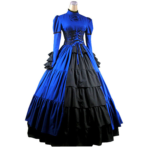 Victorian Gothic Blue & Black Satin Corset Top and Skirt Set – Dramatic Cosplay Costume [CK1374]