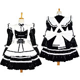 Black and White Thin PVC Lockable Sissy Maid Dress with Frilly Apron and Large Bow [G616]