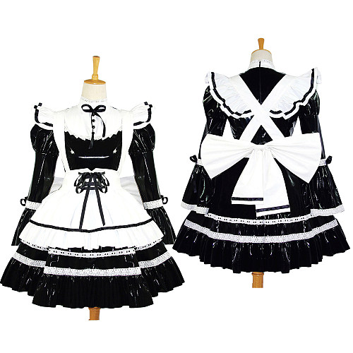 Black and White Thin PVC Lockable Sissy Maid Dress with Frilly Apron and Large Bow [G616]
