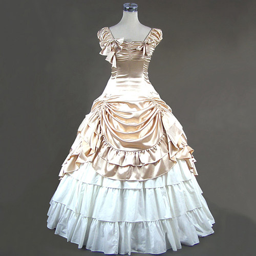 Rococo Champagne Satin Corset Top and White Ruffle Skirt Set – Elegant Ball Gown Cosplay [CK1377]