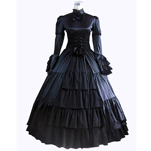 Victorian Gothic All-Black Satin Corset Top and Skirt Set – Dark Aristocrat Cosplay [CK1373]