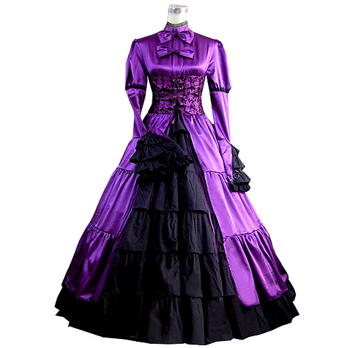 Victorian Gothic Purple & Black Satin Corset Top and Skirt Set – Fantasy Cosplay Outfit [CK1375]