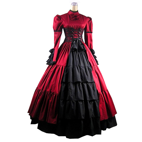 Victorian Gothic Red & Black Satin Corset Top and Skirt Set – Historical Cosplay [CK1372]