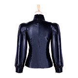 Black Faux Leather Lockable High-Neck Puff Sleeve Blouse [G1759]