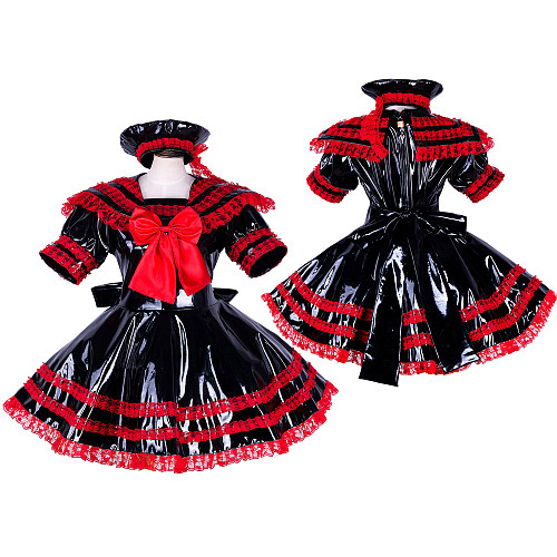 Black and Red Heavy PVC Lockable Sissy Dress with Sailor Collar and Lace Trim [G1744]