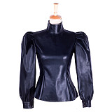 Black Faux Leather Lockable High-Neck Puff Sleeve Blouse [G1759]