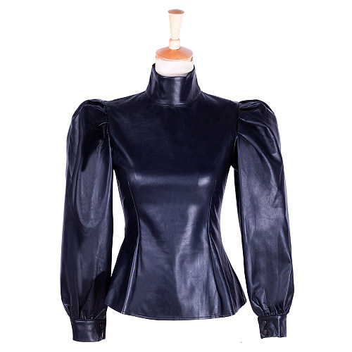 Black Faux Leather Lockable High-Neck Puff Sleeve Blouse [G1759]