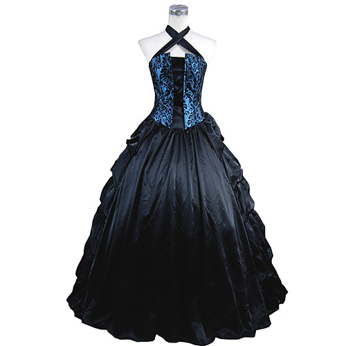 Gothic Blue & Black Satin Corset Halter Lace Dress – Victorian Cosplay Gown [CK1395]