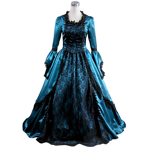 Victorian Blue Satin & Black Lace Gothic Lolita Dress – Cosplay Transformation Gown [CK1394]