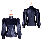 Black Faux Leather Lockable High-Neck Puff Sleeve Blouse [G1759]