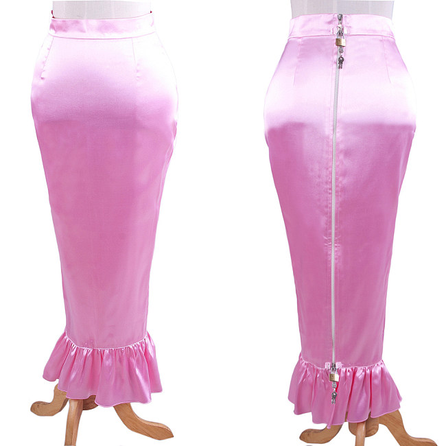 Pink Satin Lockable Hobble Skirt with Full Back Zipper and Ruffle Hem [G1609]
