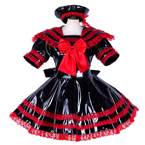 Black and Red Heavy PVC Lockable Sissy Dress with Sailor Collar and Lace Trim [G1744]