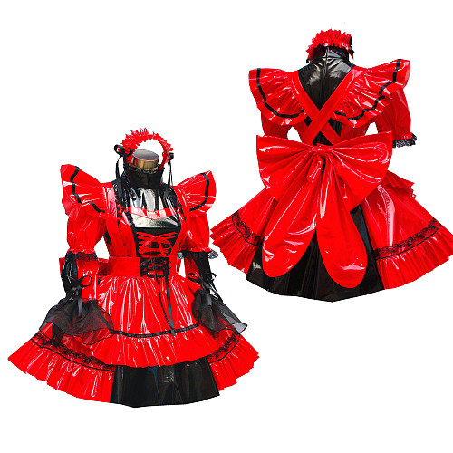 Red and Black Thin PVC Lockable Sissy Maid Dress with Lace Trim and Giant Bow [G449]