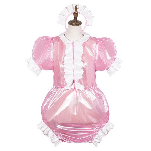fondcosplay Clear Pink PVC Lockable Sissy Baby Romper with Frills and Matching headpiece [G3781]