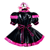 fondcosplay Black and Hot Pink Heavy PVC Lockable Sissy Maid Dress with Apron and Headpiece [G3792]