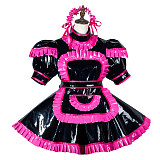 fondcosplay Black and Hot Pink Heavy PVC Lockable Sissy Maid Dress with Apron and Headpiece [G3792]