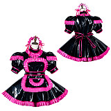 fondcosplay Black and Hot Pink Heavy PVC Lockable Sissy Maid Dress with Apron and Headpiece [G3792]
