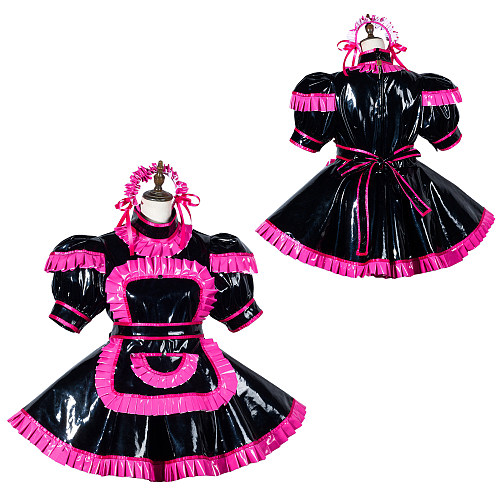 fondcosplay Black and Hot Pink Heavy PVC Lockable Sissy Maid Dress with Apron and Headpiece [G3792]