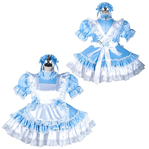 Fondcosplay Blue and White Satin Lockable Sissy Maid Dress with Apron and Matching Headpiece [G2151]