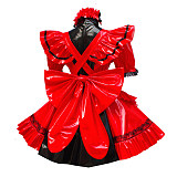 Red and Black Thin PVC Lockable Sissy Maid Dress with Lace Trim and Giant Bow [G449]