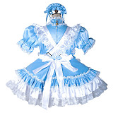 Fondcosplay Blue and White Satin Lockable Sissy Maid Dress with Apron and Matching Headpiece [G2151]
