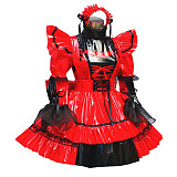 Red and Black Thin PVC Lockable Sissy Maid Dress with Lace Trim and Giant Bow [G449]
